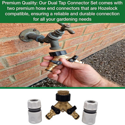 Premium Dual Tap Brass Connector Set with 2 premium Hose end Connectors-Hozelock Compatible Durable 2 Way Brass Connector Splitter - 3