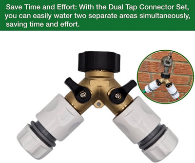 Premium Dual Tap Brass Connector Set with 2 premium Hose end Connectors-Hozelock Compatible Durable 2 Way Brass Connector Splitter - 4
