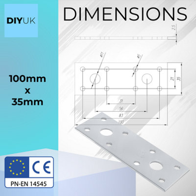 Premium Flat Bracket Size: 100mm x 35mm x 2.5mm ( Pack of: 2 ) Galvanised Steel Joining Plate Brackets for Timber Fence