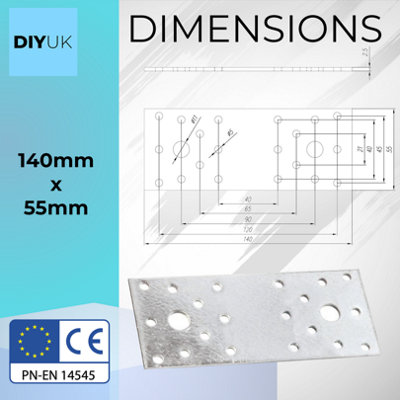 Premium Flat Bracket Size: 140mm x 55mm x 2.5mm ( Pack of: 5 ) Galvanised Steel Joining Plate Brackets for Timber Fence