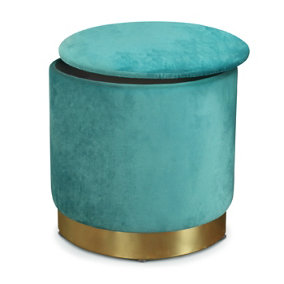 Premium Footstool with Storage Round Teal Velvet Ottoman Storage Pouffe on Gold Metal Base by Froppi D37 H40 cm