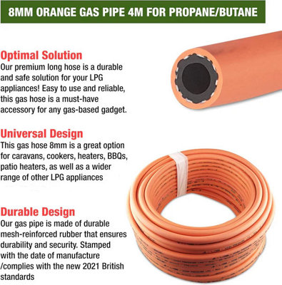 Premium Gas Pipe Hose with 2 Hose Clips -4m Hose for Propane Durable 8mm High Pressure Gas Hose for Caravan Camping BBQ - 5