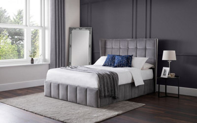 Premium - Grey Plush Velvet Ottoman Bed - King (150cm)