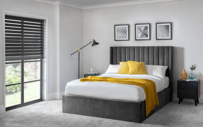 Premium - Grey Scalloped Velvet Ottoman Bed - Double 4ft 6" (135cm)