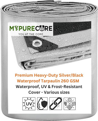 Premium Heavy-Duty Tarpaulin 260 GSM - Waterproof, UV & Frost-Resistant Cover - Silver/Black Sheet - Reinforcement Edge (2m x 2m)