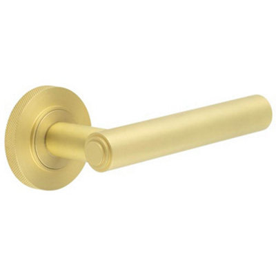 Premium Knurled Satin Brass Door Handle with Customizable Roses - Solid Brass Interior Handle