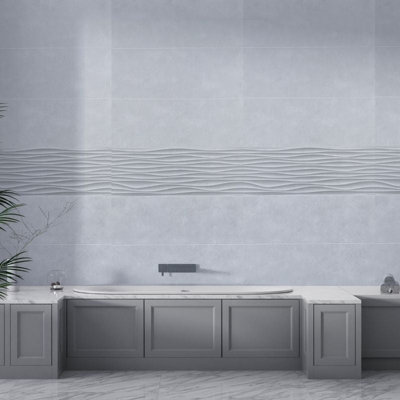 Premium Large Silver Wave Tile 1.0m x 2.4m Shower Panel | DIY at B&Q
