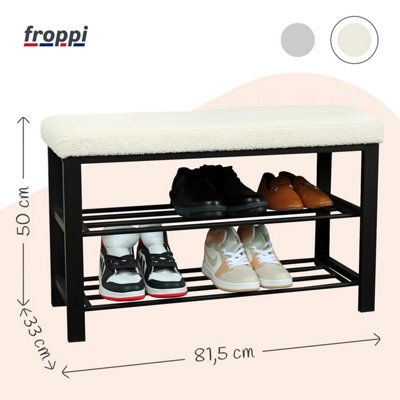 Premium Metal Shoe Storage Bench, 2-Tier Black Shoe Shelf and Rack with White Teddy Boucle Cushion Seat by Froppi L81.5 W33 H50 cm