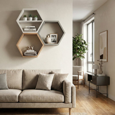 Premium Modular Hexagon Floating Shelf - Gray - Pack of: 6 - 18mm Thick ...