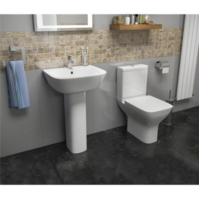 Premium OPEN BACK SQUARE Toilet Set (Saturn) - Rimless Pan - Cistern - Soft Close Seat - Includes Chrome Flush Button - 7