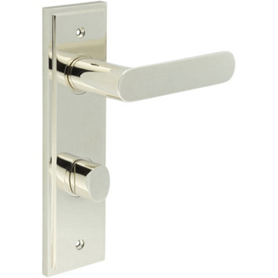 Premium Polished Nickel Bathroom Door Handle with Backplate and Turn Release - Solid Brass Interior Handle
