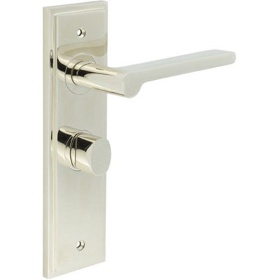 Premium Polished Nickel Bathroom Door Handle with Backplate and Turn Release - Solid Brass Internal Handle