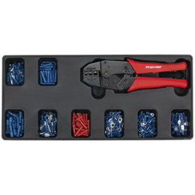 PREMIUM Ratchet Crimper & Assorted Insulated Terminal Set with Modular Tool Tray