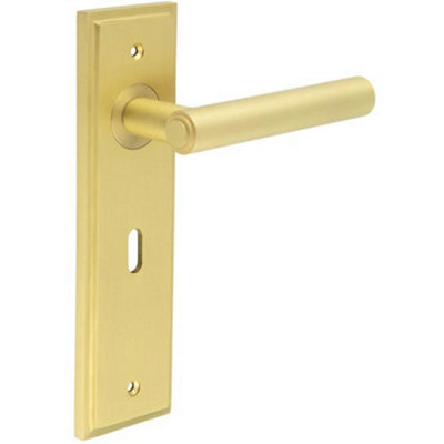 Premium Satin Brass Door Handle Lock Backplate - Solid Brass Interior Lever