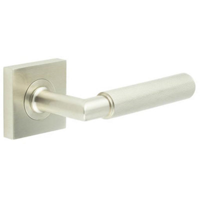 Premium Satin Nickel Door Handle with Square Rose - Solid Brass Interior Handle