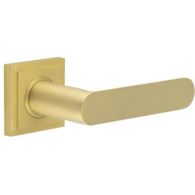 Premium Square Stepped Rose Door Handle in Satin Brass - Solid Brass Interior Handle