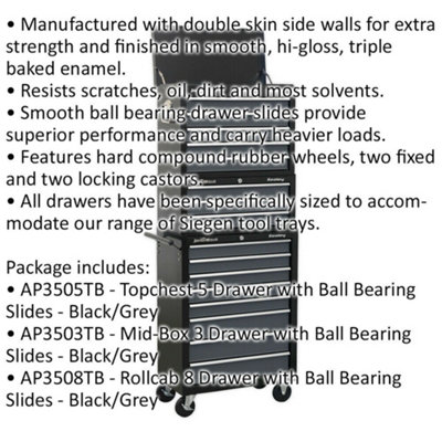 Premium Stacking 16 Drawer Tool Chest Bundle with BB Slides in Black and Grey