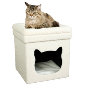 Premium Total Comfort Cat House Indoor Foldable White Teddy Boucle Cat Cave Bed with 2 Cosy Cushions by Froppi L40 W40 H44 cm