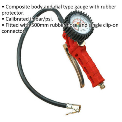 Premium Trigger Grip Tyre Inflator - Clip-On Connector - 0.5m Hose - 1/4" BSP