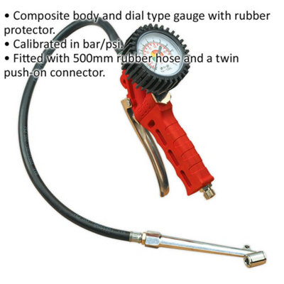 Premium Trigger Grip Tyre Inflator - Twin Push-On Connector - 0.5m Hose 1/4" BSP