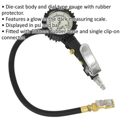 Premium Tyre Inflator - Clip-On Connector - 0.5m Hose & Glow In The Dark Gauge