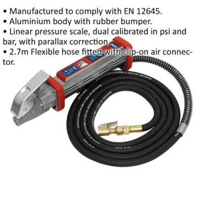 Premium Tyre Inflator - Clip-On Connector - Parallax Correction & 2.7m Hose