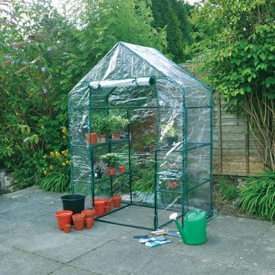 Premium Walk In Greenhouse With Shelves Portable Outdoor Small Reinforced Tubular 4 Shelf Plants Flower Seedling Growhouse
