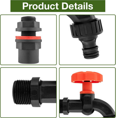 Premium Water Butts Kit  3/4" bsp black tap with click lock hose connector + Hozelock suited tap  connector + PTFE Tape Roll - 5