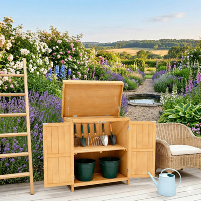 Premium Wooden Garden Potting Shed Storage Cabinet with Lift-Up Roof ...