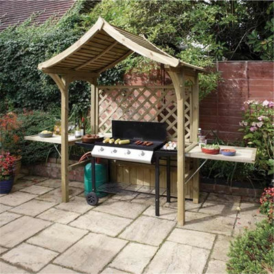 Pressure Treated Arbour + Side Shelves & Open Lattice (3.1m x 1.8m x 2.4m)