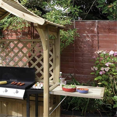 Pressure Treated Arbour + Side Shelves & Open Lattice (3.1m x 1.8m x 2.4m)