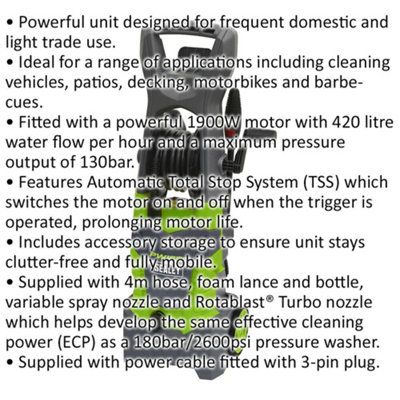 Pressure Washer with Total Stop System & Accessory Kit - 130bar - 1900W Motor