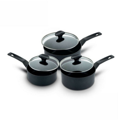 Prestige 9 x Tougher Black Round Aluminium Induction Suitable Dishwasher Safe Saucepan Set Pack of 3