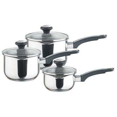 Prestige Cook & Strain Silver Round Stainless Steel Induction Suitable Non-Stick Saucepan Set Pack of 3