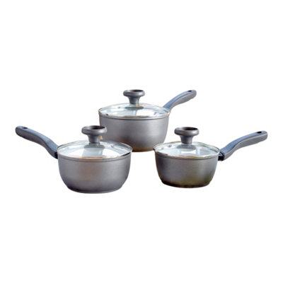 Prestige Earth Pan Grey Round Aluminium Induction Suitable Eco-Friendly Covered Saucepan Set Pack of 3