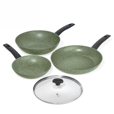 Prestige Eco Green Round Aluminium Induction Suitable Non-Stick Frying Pan Set with Lid 20, 24, 28 cm Pack of 3