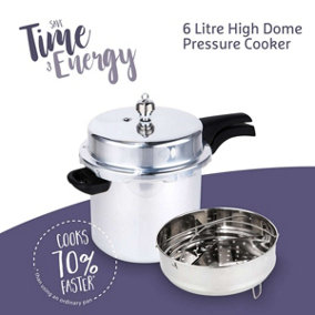 Prestige Iconic High Dome Silver Round Aluminium Pressure Cooker with Stay Cool Handles Large Size 6L