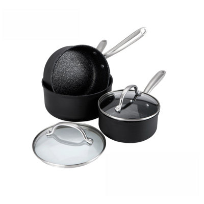 Prestige Scratch Guard Black Round Aluminium Induction Suitable Dishwasher Safe Saucepan Set Pack of 3