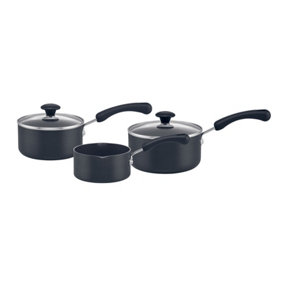 Prestige Super Tough Easy Clean Black Round Aluminium Non-Induction Durable Saucepan Set Pack of 3