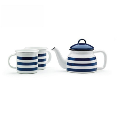 Prestige Vintage Blue Enamel Coated Steel Dishwasher Safe Stripe Printed Teapot and Mug Set