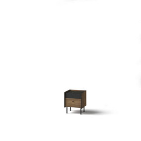 Prestigo Bedside Table - Minimalist Industrial Style in Oak Walnut & Black Matt, H500mm W420mm D400mm