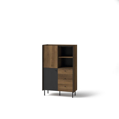 Prestigo Highboard Cabinet in Oak Walnut & Black Matt - Modern Elegance, H1400mm W880mm D400mm