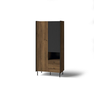 Prestigo Hinged Wardrobe in Oak Walnut & Black Matt - Modern Industrial Style, H1910mm W880mm D550mm