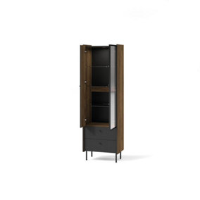 Prestigo Tall Display Cabinet in Oak Walnut & Black Matt - Elegance and Function, H1910mm W590mm D400mm