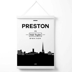 Preston Black and White City Skyline Poster with Hanger / 33cm / White