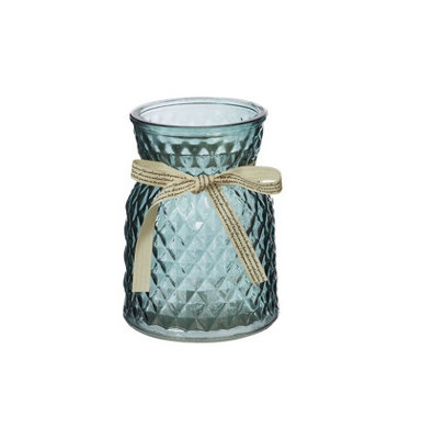 Pretty Decorative Glass Posy Vase, Mineral Blue Colour With Removable Ribbon. H13.5 cm