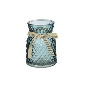 Pretty Decorative Glass Posy Vase, Mineral Blue Colour With Removable Ribbon. H13.5 cm