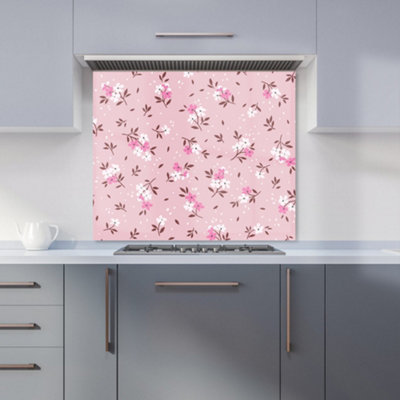 Pretty Pink Flower Pattern Premium Glass Kitchen Splashback W600mm x H650mm