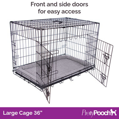 Pretty Pooch Dog Cage Large Crate Puppy Cat Pet Training Crate Metal Folding with Tray Double Door and Bed 36"