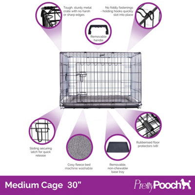 Pretty Pooch Dog Cage Medium Crate Puppy Cat Pet Training Crate Metal Folding with Tray Double Door and Bed 30"